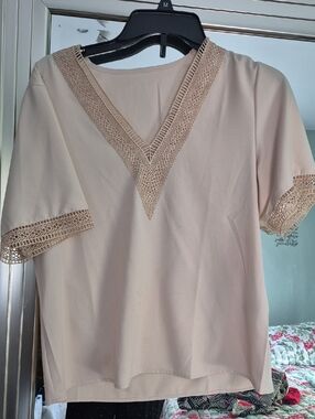 Women’s Lace-Trim V-Neck Blouse - Beige